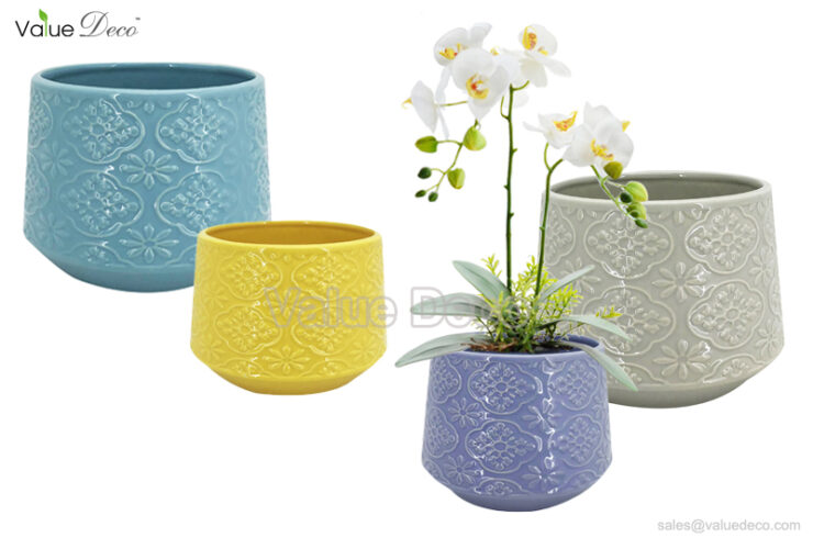 DMV02861 (Flower Embossed Ceramic Pot)